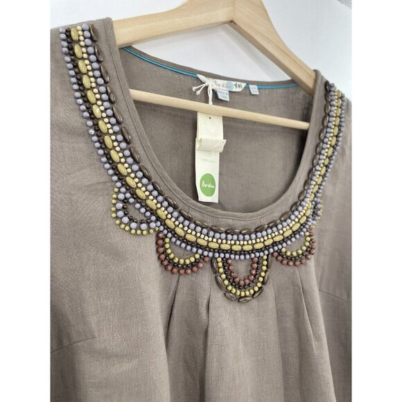 NWT Boden Taupe 100% Linen Shirt Beaded Neckline 3/4 Sleeve US Size 10 Boho - Picture 3 of 12